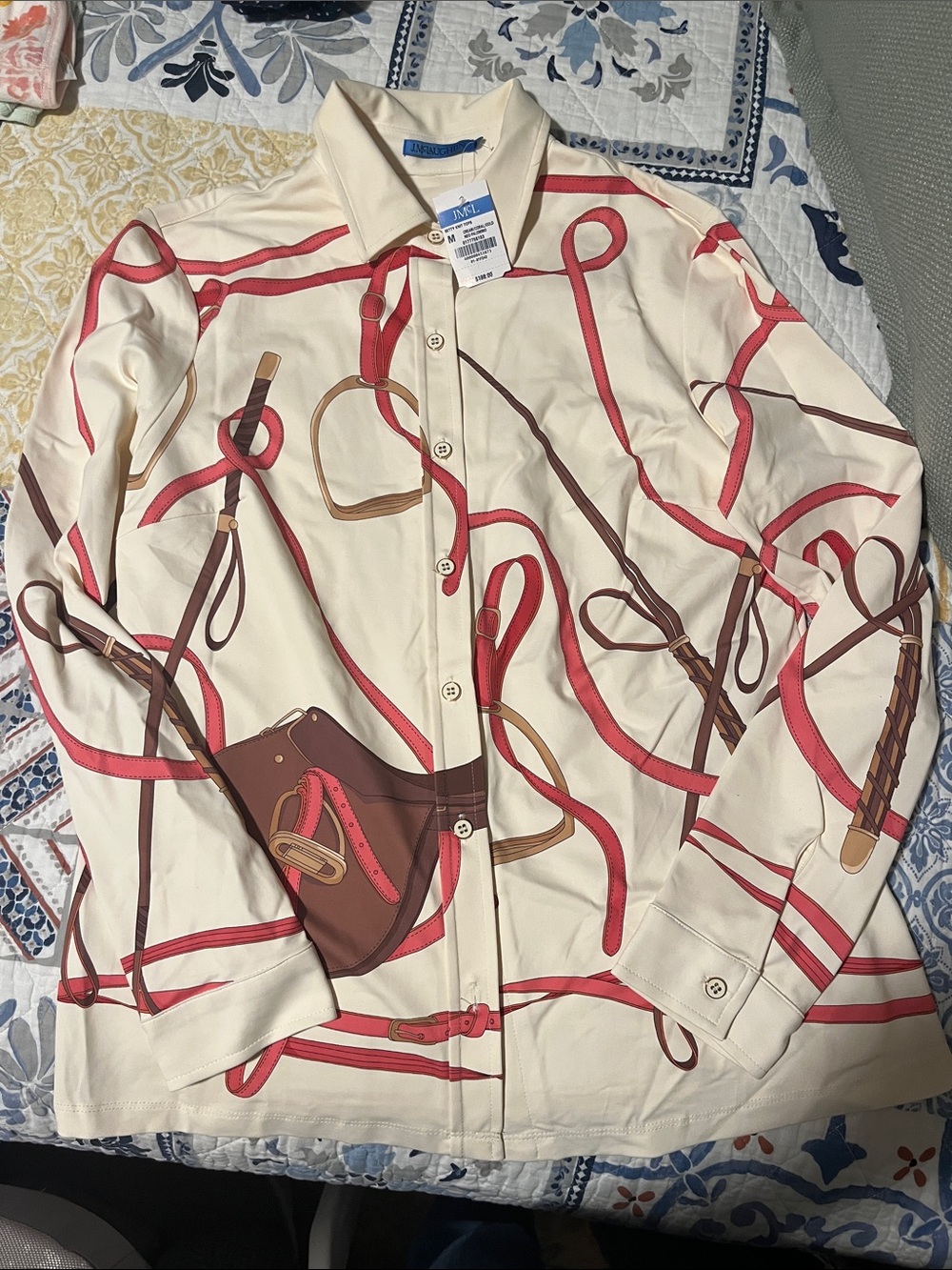 J. McLaughlin Cream Blouse with Coral Strap Print